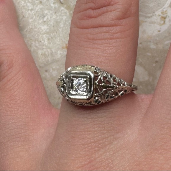 Diamond 18k White Filigree Edwardian Ring - Picture 7 of 14